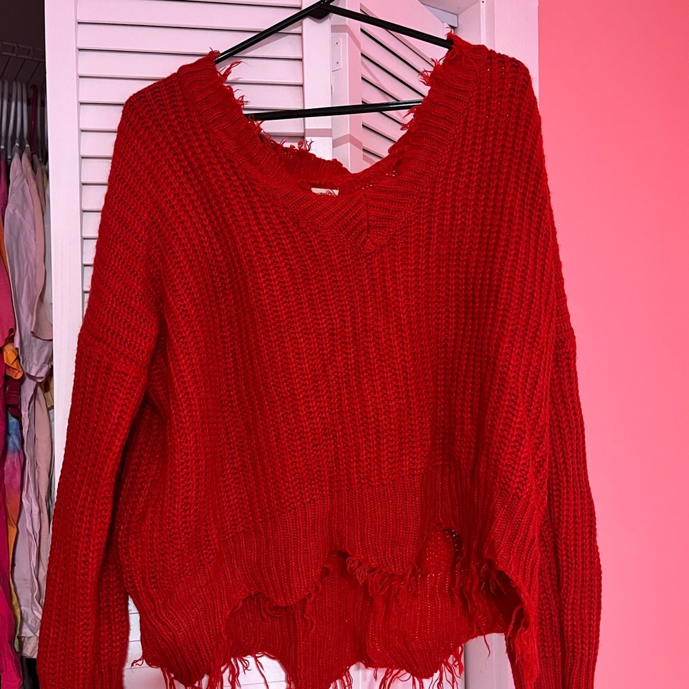 Red V-Neck Distressed Sweater